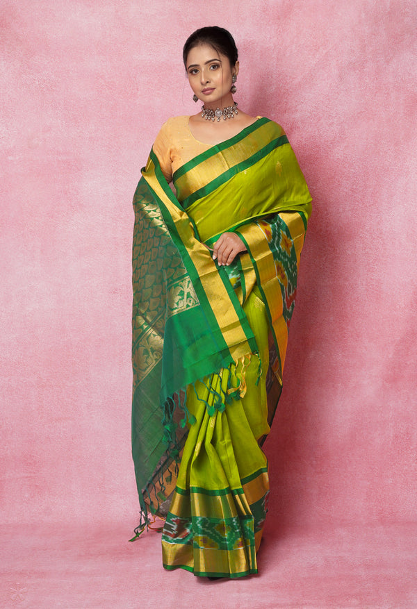 Green-Dark Green Pure Handloom Assam Silk Saree-UNM74548