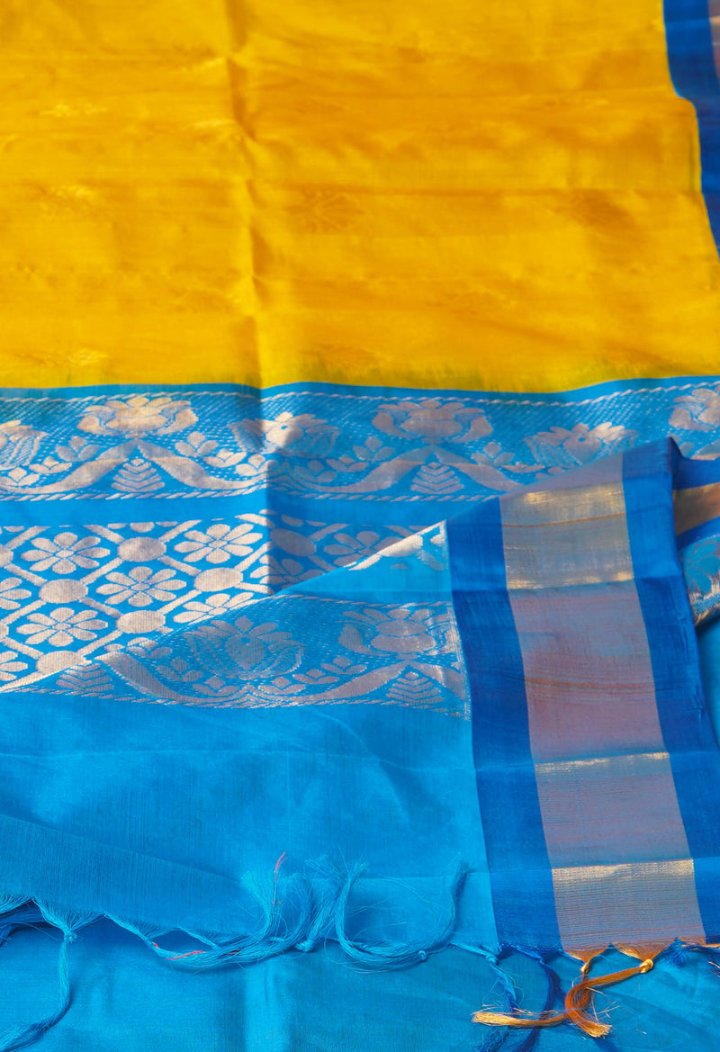 Yellow-Blue Pure Handloom Assam Silk Saree-UNM74549