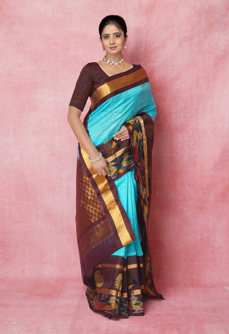 Blue-Dark Chocolate Brown Pure Handloom Assam With Checks Zari Weaving Silk Saree-UNM74550