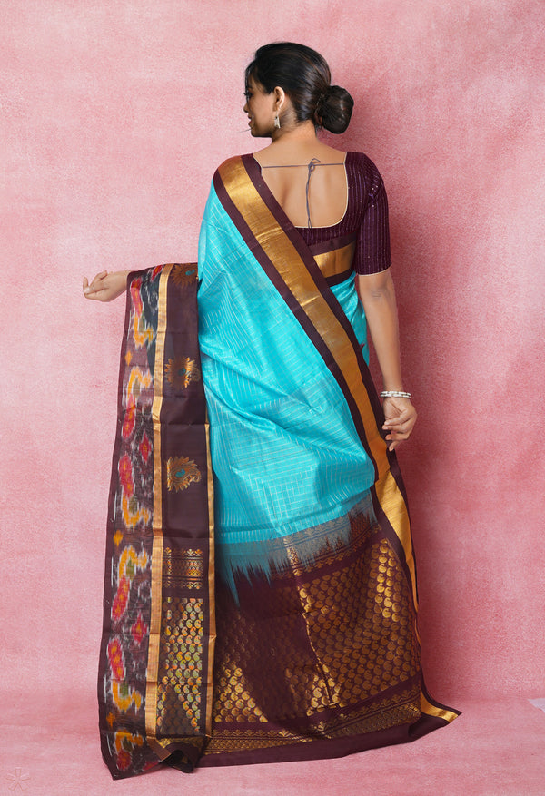 Blue-Dark Chocolate Brown Pure Handloom Assam With Checks Zari Weaving Silk Saree-UNM74550
