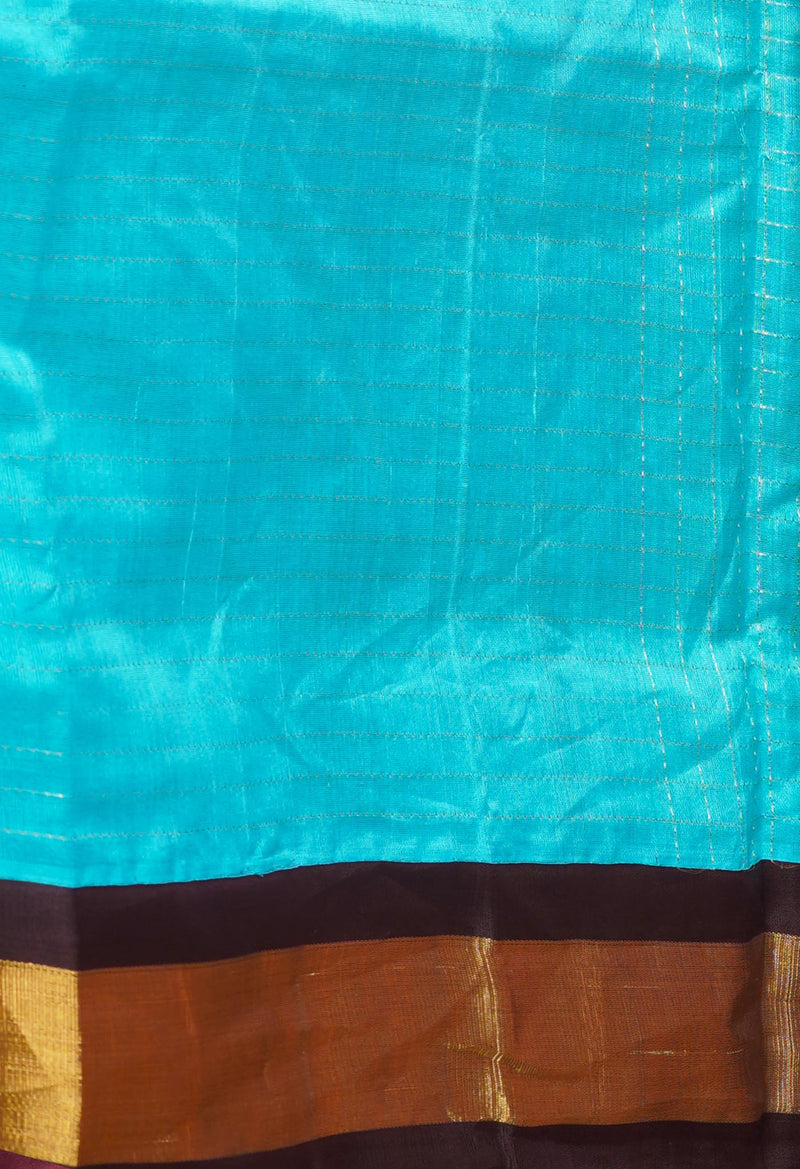 Blue-Dark Chocolate Brown Pure Handloom Assam With Checks Zari Weaving Silk Saree-UNM74550