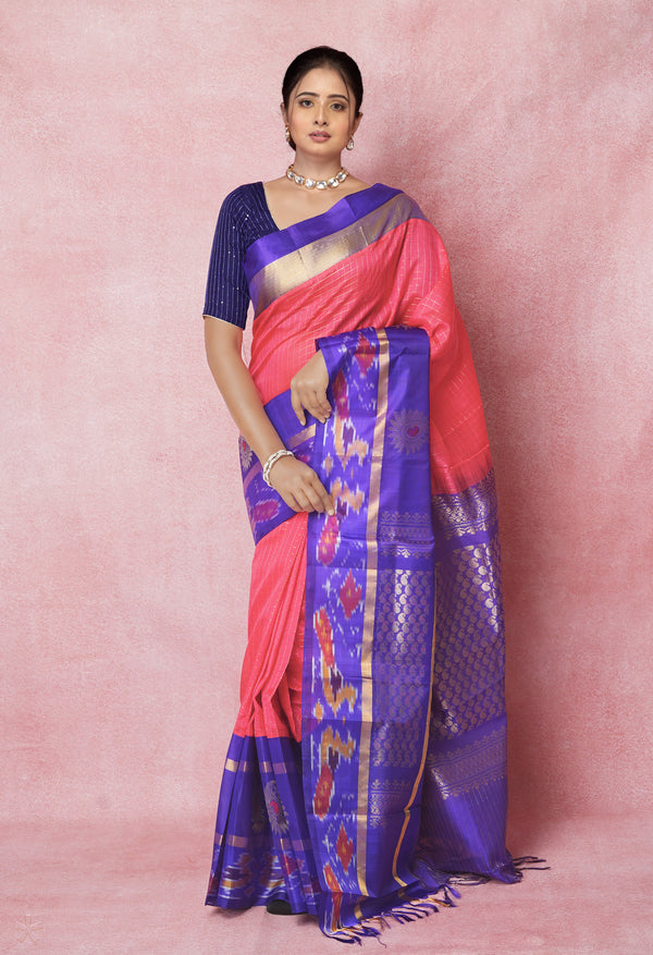 Peach Red-Dark Blue Pure Handloom Assam With Checks Zari Weaving Silk Saree-UNM74551