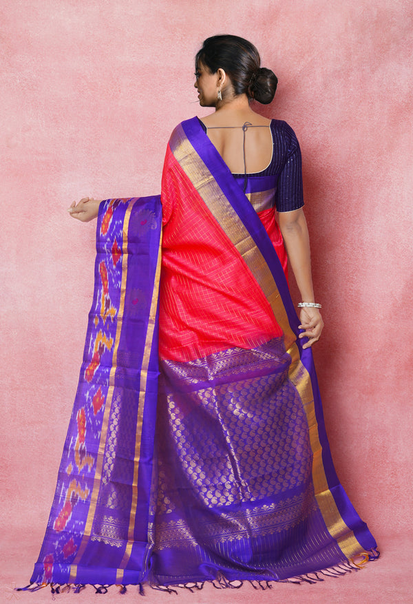 Peach Red-Dark Blue Pure Handloom Assam With Checks Zari Weaving Silk Saree-UNM74551