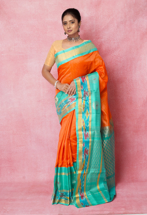 Orange-Turquoise Blue Pure Handloom Assam With Checks Zari Weaving Silk Saree-UNM74552
