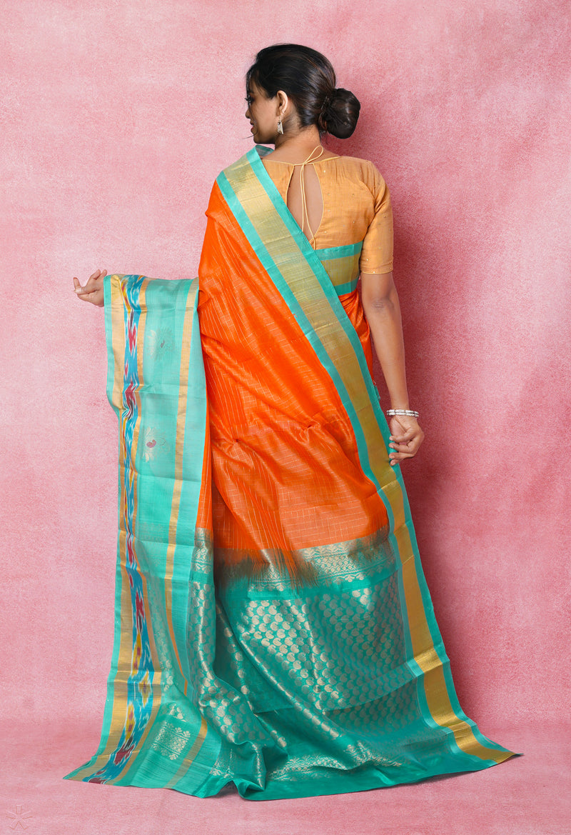 Orange-Turquoise Blue Pure Handloom Assam With Checks Zari Weaving Silk Saree-UNM74552