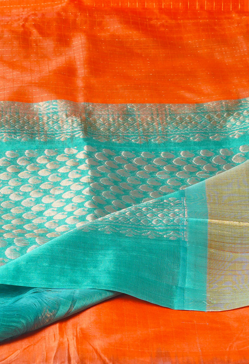 Orange-Turquoise Blue Pure Handloom Assam With Checks Zari Weaving Silk Saree-UNM74552