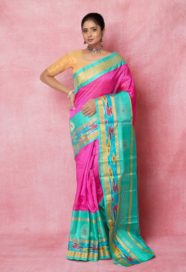 Pink-Turquoise Blue Pure Handloom Assam With Checks Zari Weaving Silk Saree-UNM74553