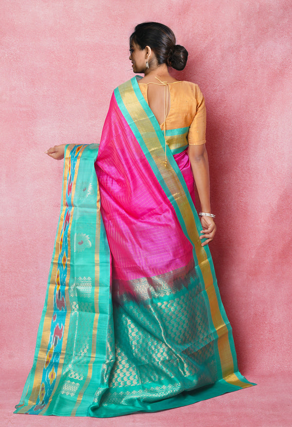 Pink-Turquoise Blue Pure Handloom Assam With Checks Zari Weaving Silk Saree-UNM74553