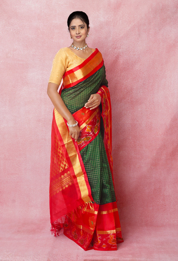 Dark Green-Red Pure Handloom Assam With Checks Zari Weaving Silk Saree-UNM74554