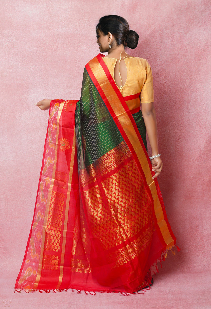 Dark Green-Red Pure Handloom Assam With Checks Zari Weaving Silk Saree-UNM74554