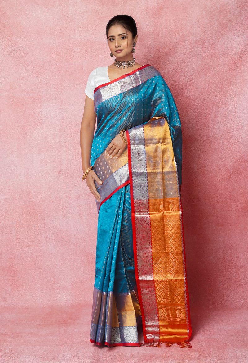 Peacock Blue-Red Pure Handloom Assam With Checks Zari Weaving Silk Saree-UNM74555
