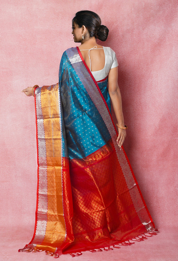 Peacock Blue-Red Pure Handloom Assam With Checks Zari Weaving Silk Saree-UNM74555
