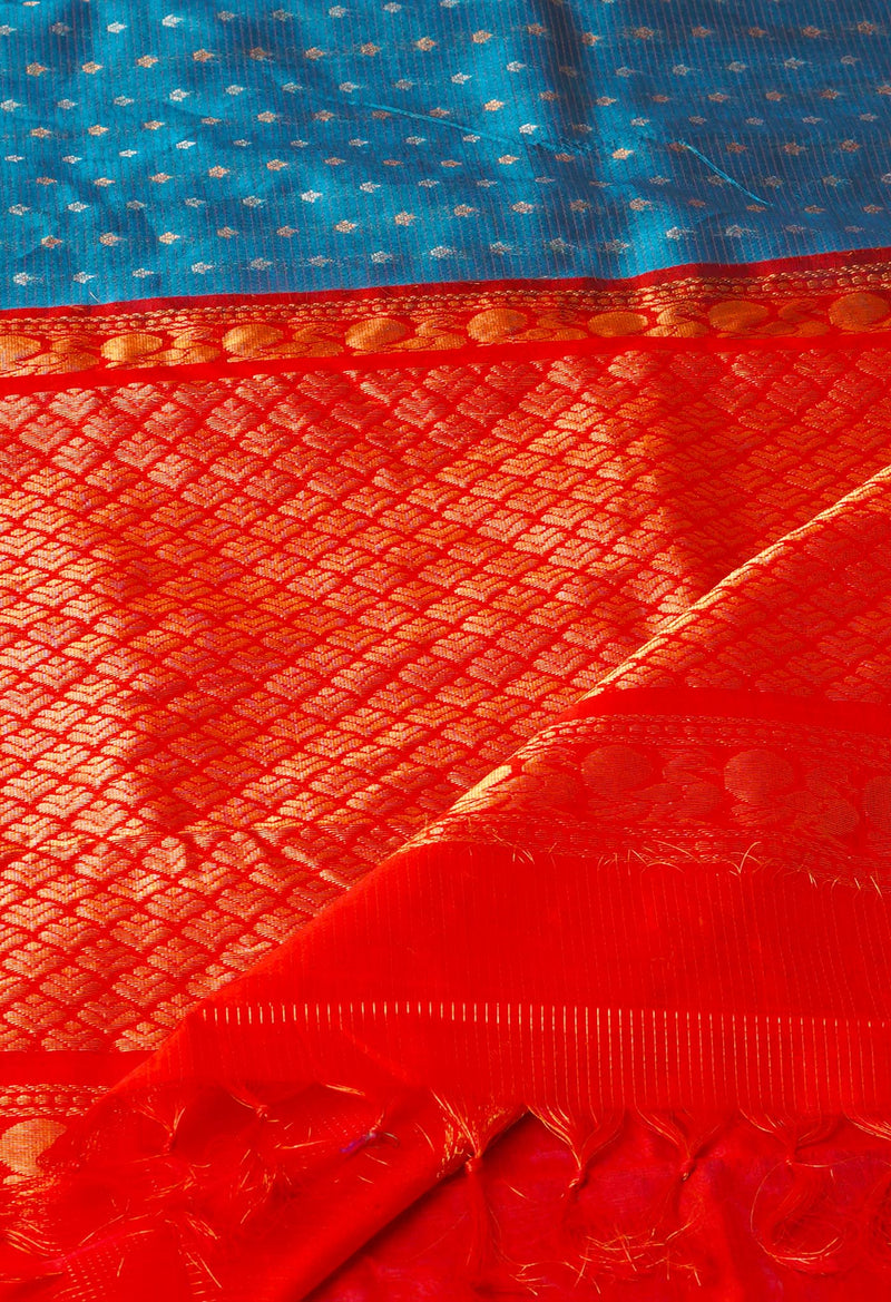 Peacock Blue-Red Pure Handloom Assam With Checks Zari Weaving Silk Saree-UNM74555