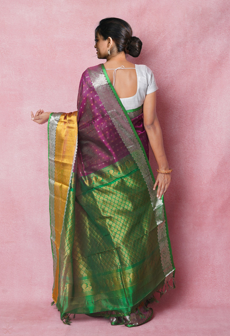 Dark Purple-Green Pure Handloom Assam With Checks Zari Weaving Silk Saree-UNM74556