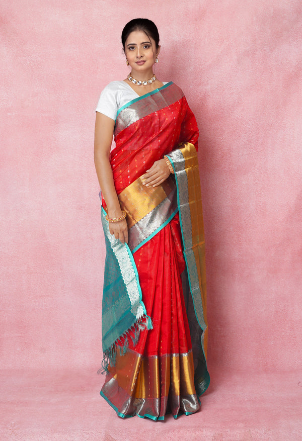 Red-Turquoise Blue Pure Handloom Assam With Checks Zari Weaving Silk Saree-UNM74557