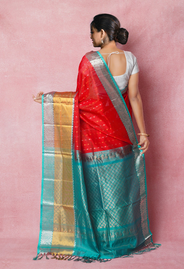 Red-Turquoise Blue Pure Handloom Assam With Checks Zari Weaving Silk Saree-UNM74557