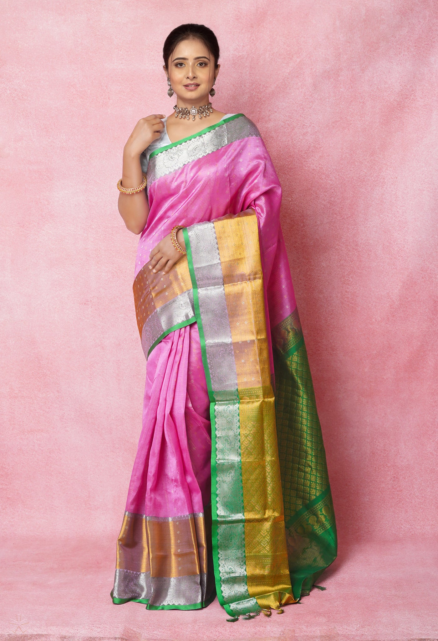 Baby Pink-Green Pure Handloom Assam With Checks Zari Weaving Silk Saree-UNM74558
