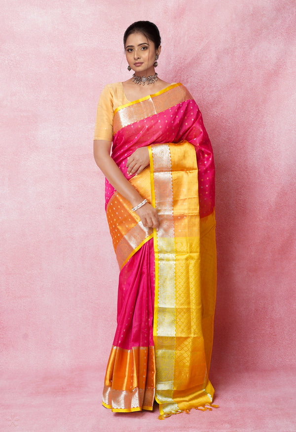 Pink-Yellow Pure Handloom Assam With Checks Zari Weaving Silk Saree-UNM74559