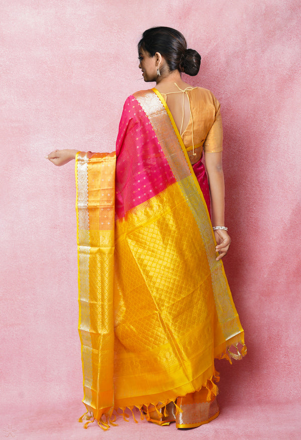 Pink-Yellow Pure Handloom Assam With Checks Zari Weaving Silk Saree-UNM74559