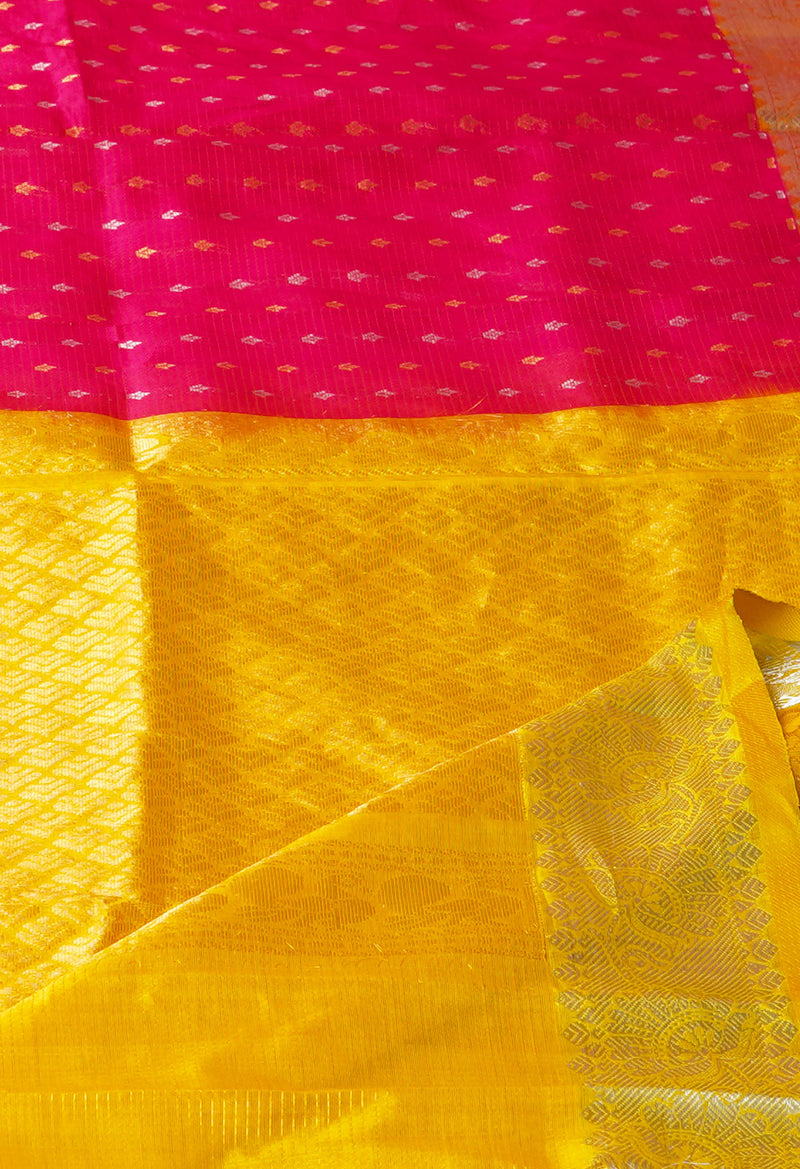 Pink-Yellow Pure Handloom Assam With Checks Zari Weaving Silk Saree-UNM74559