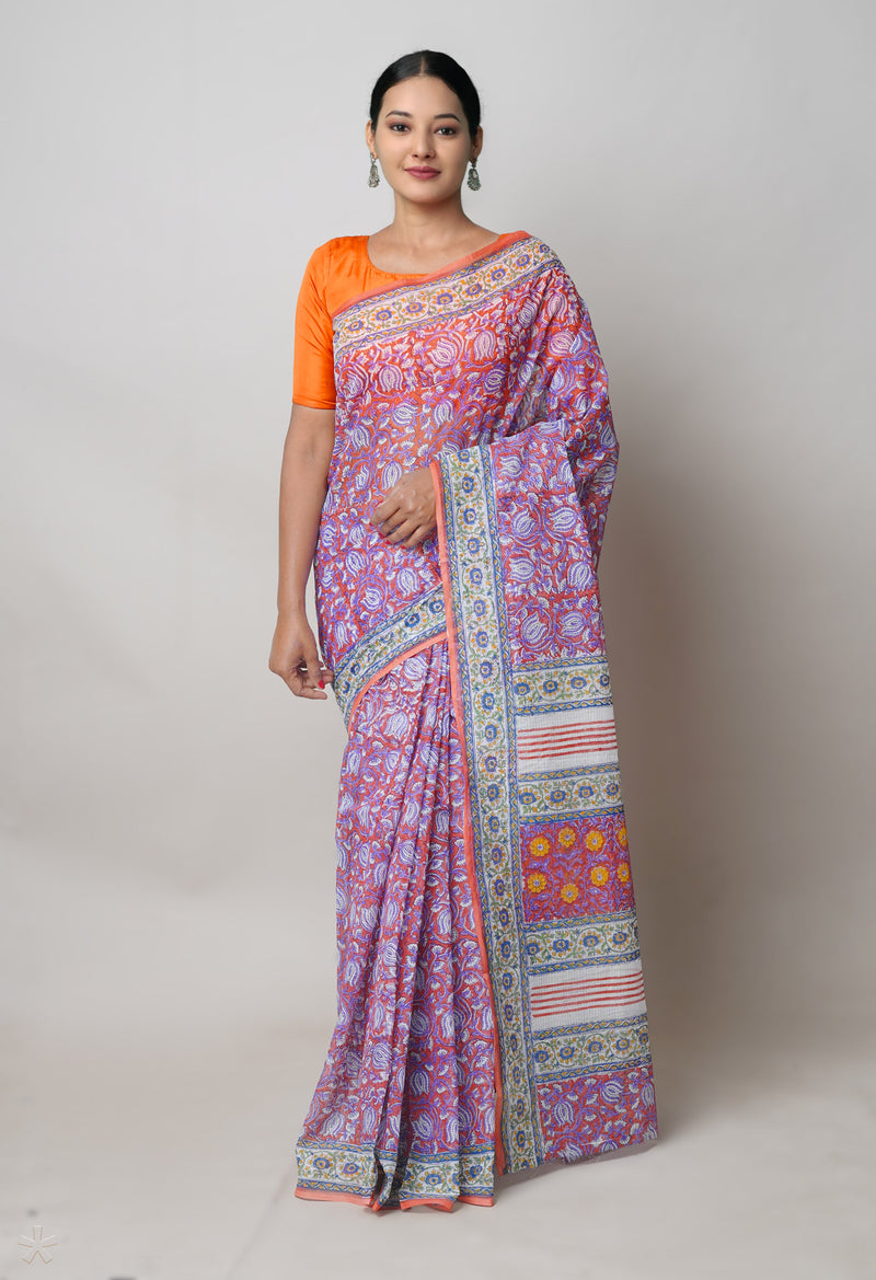 Rust Orange Pure  Block Printed Kota Cotton Saree With Bagru Printed Blouse Piece-UNM74560