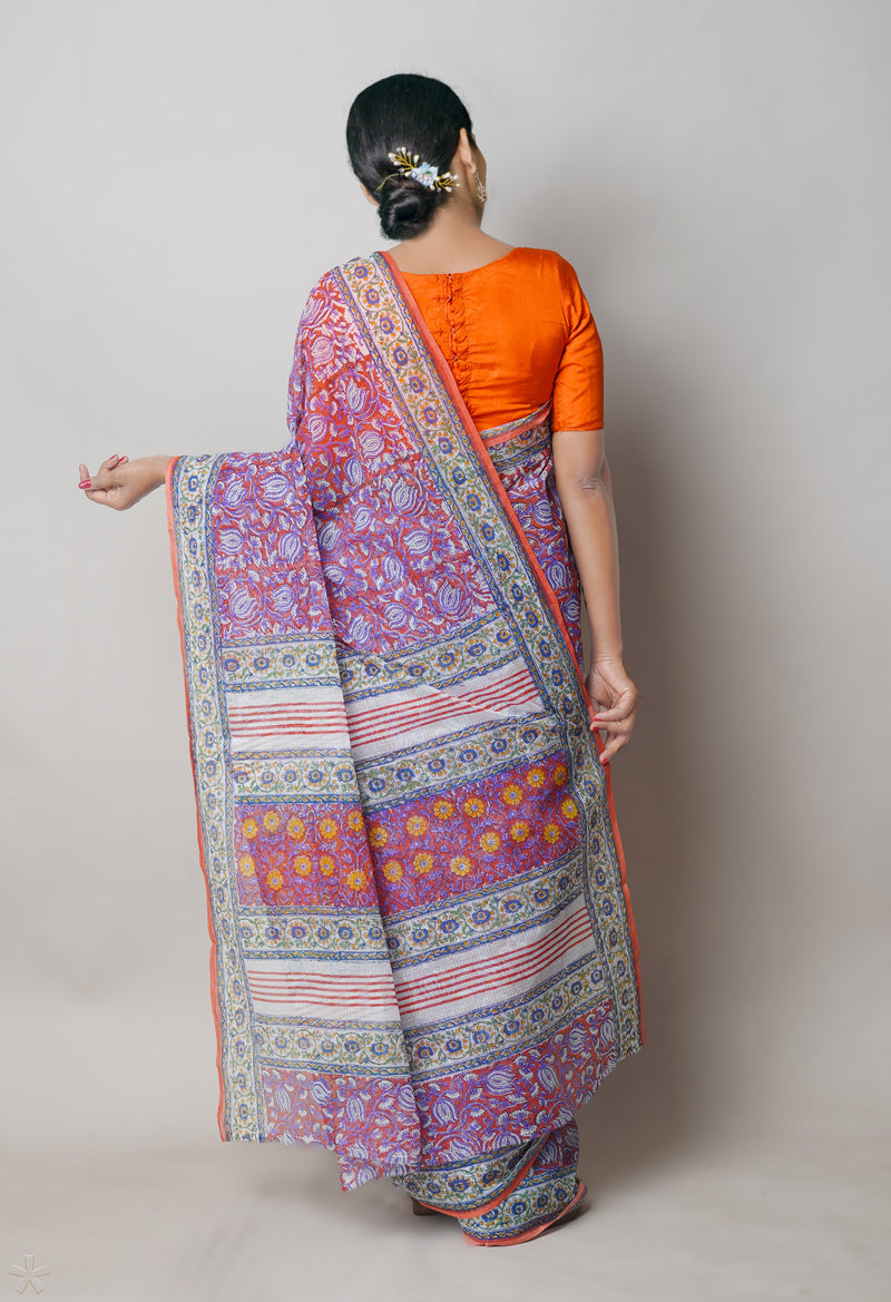 Rust Orange Pure  Block Printed Kota Cotton Saree With Bagru Printed Blouse Piece-UNM74560