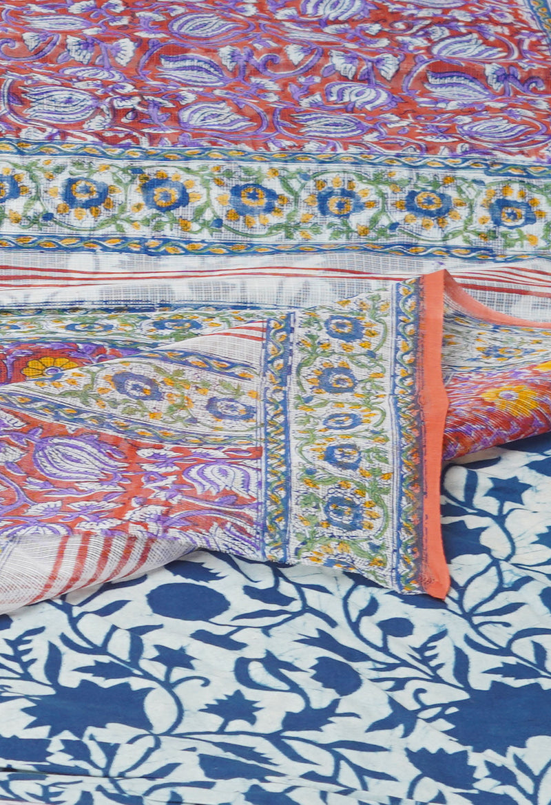 Rust Orange Pure  Block Printed Kota Cotton Saree With Bagru Printed Blouse Piece-UNM74560