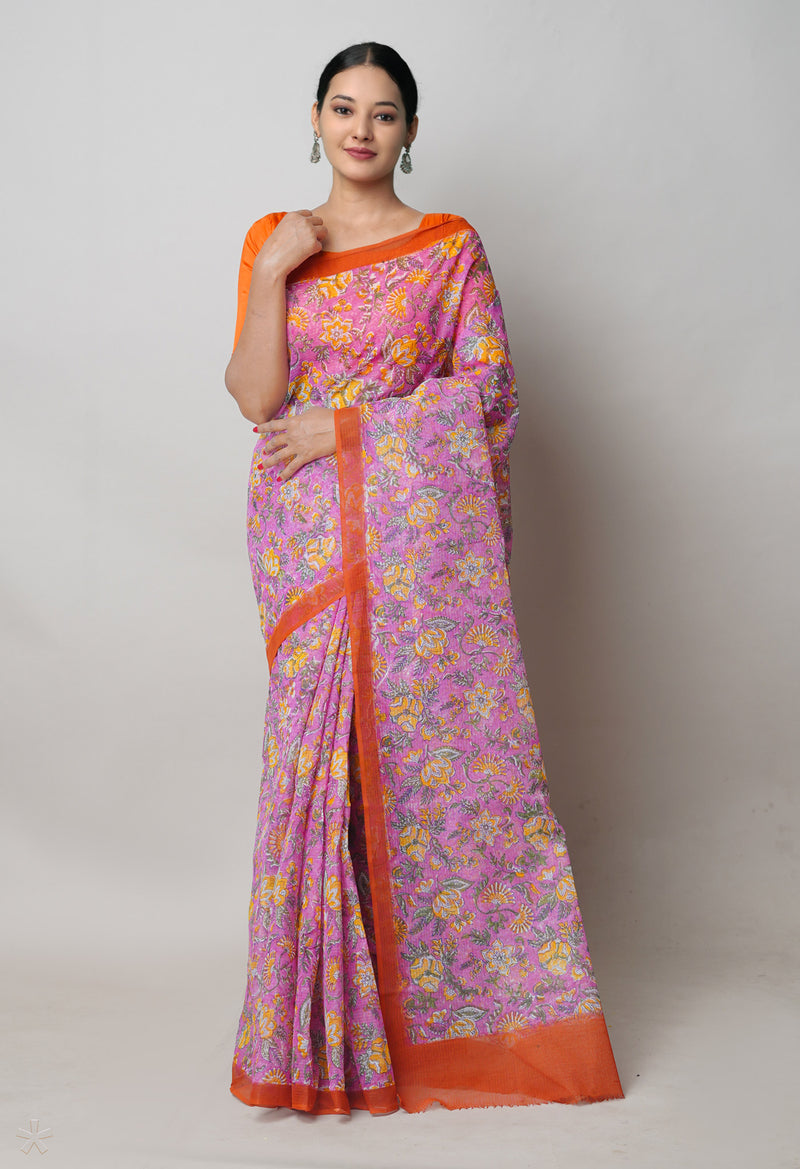 Pink Pure  Block Printed Kota Cotton Saree With Bagru Printed Blouse Piece-UNM74562