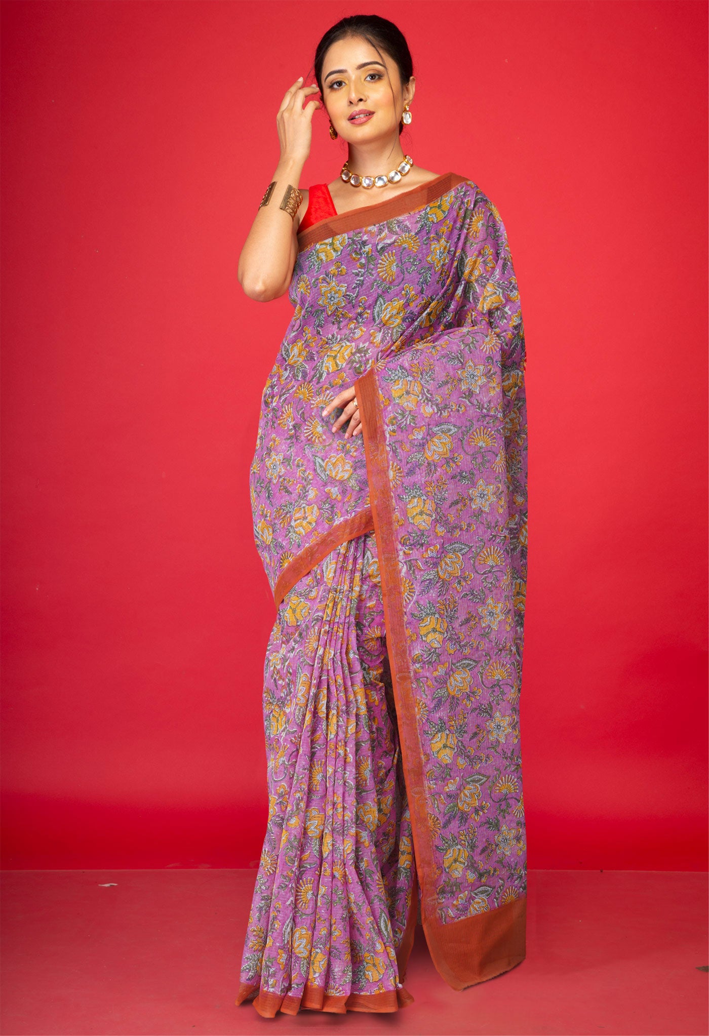 Pink Pure Block Printed Kota Cotton Saree With Bagru Printed Blouse Piece-UNM74562