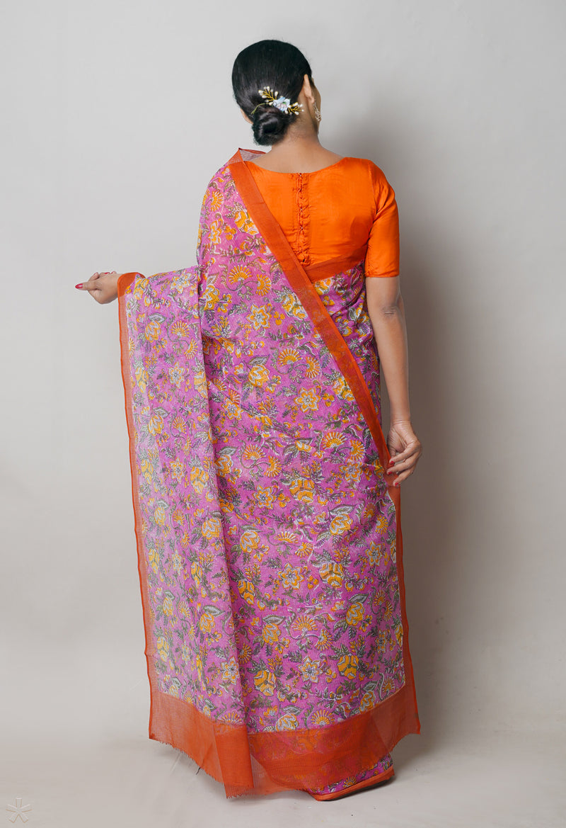 Pink Pure  Block Printed Kota Cotton Saree With Bagru Printed Blouse Piece-UNM74562