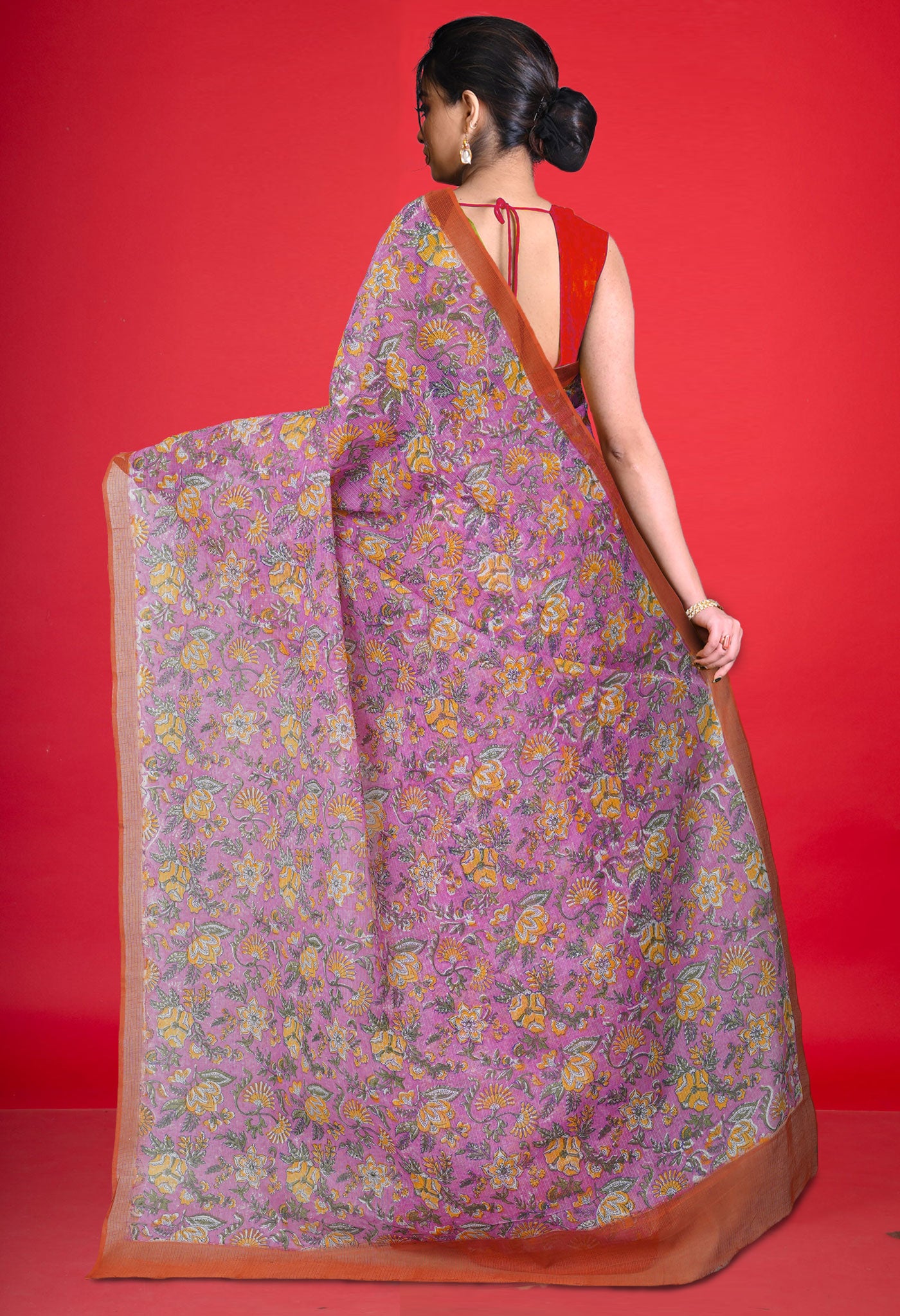 Pink Pure Block Printed Kota Cotton Saree With Bagru Printed Blouse Piece-UNM74562