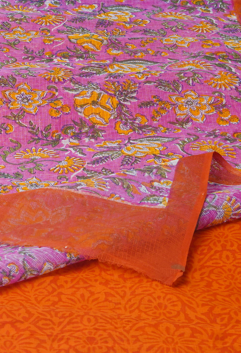 Pink Pure  Block Printed Kota Cotton Saree With Bagru Printed Blouse Piece-UNM74562