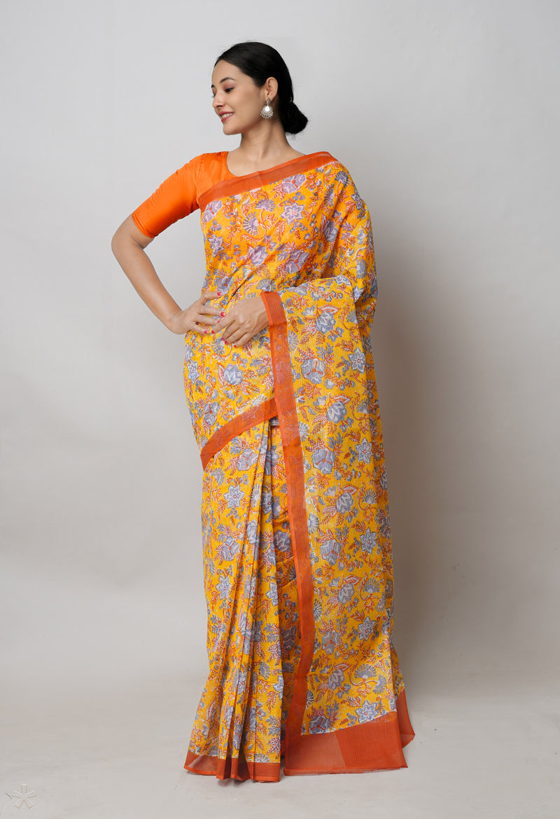 Yellow Pure  Block Printed Kota Cotton Saree With Bagru Printed Blouse Piece-UNM74563