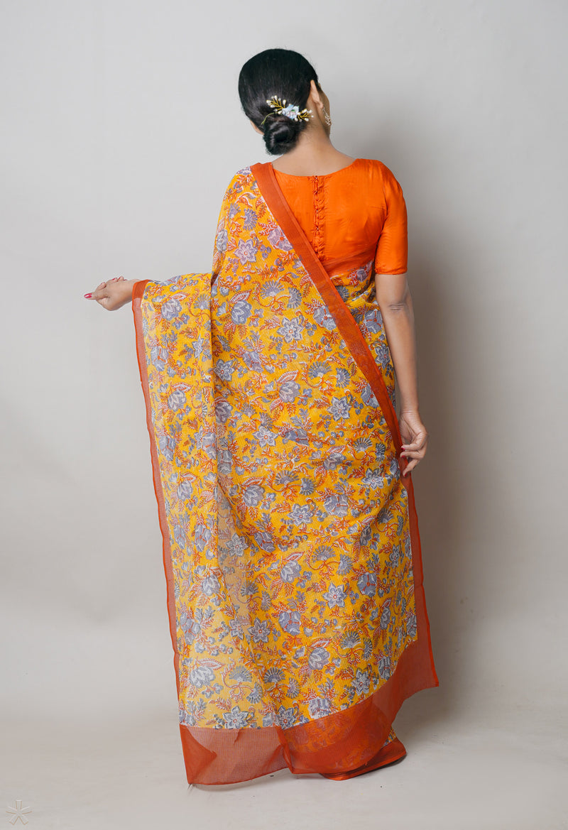 Yellow Pure  Block Printed Kota Cotton Saree With Bagru Printed Blouse Piece-UNM74563