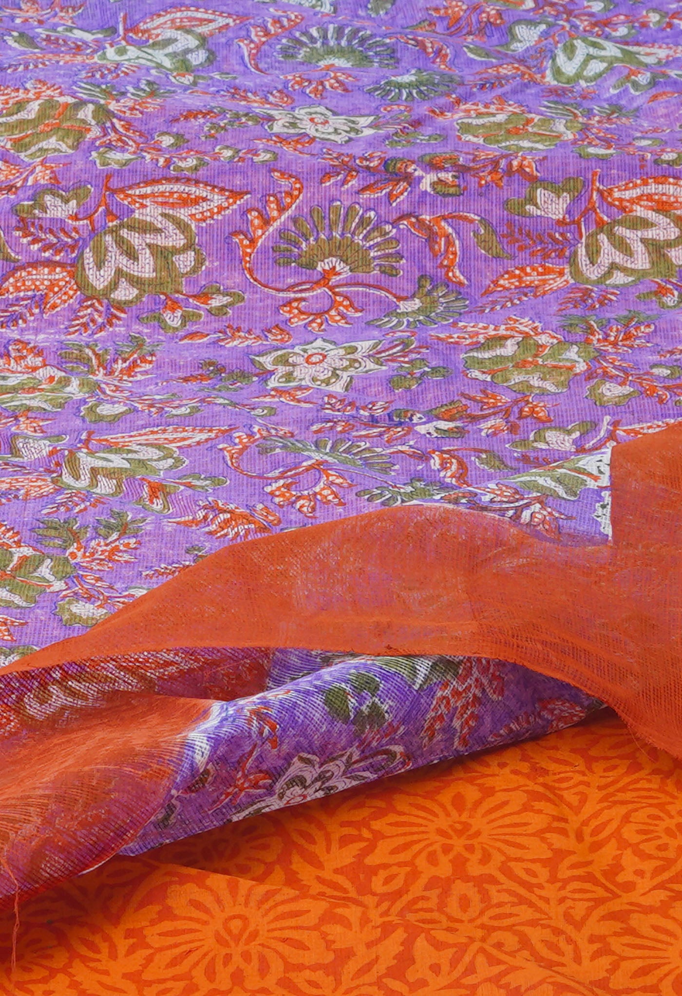 Purple Pure Kota Cotton Saree With Bagru Printed Blouse Piece