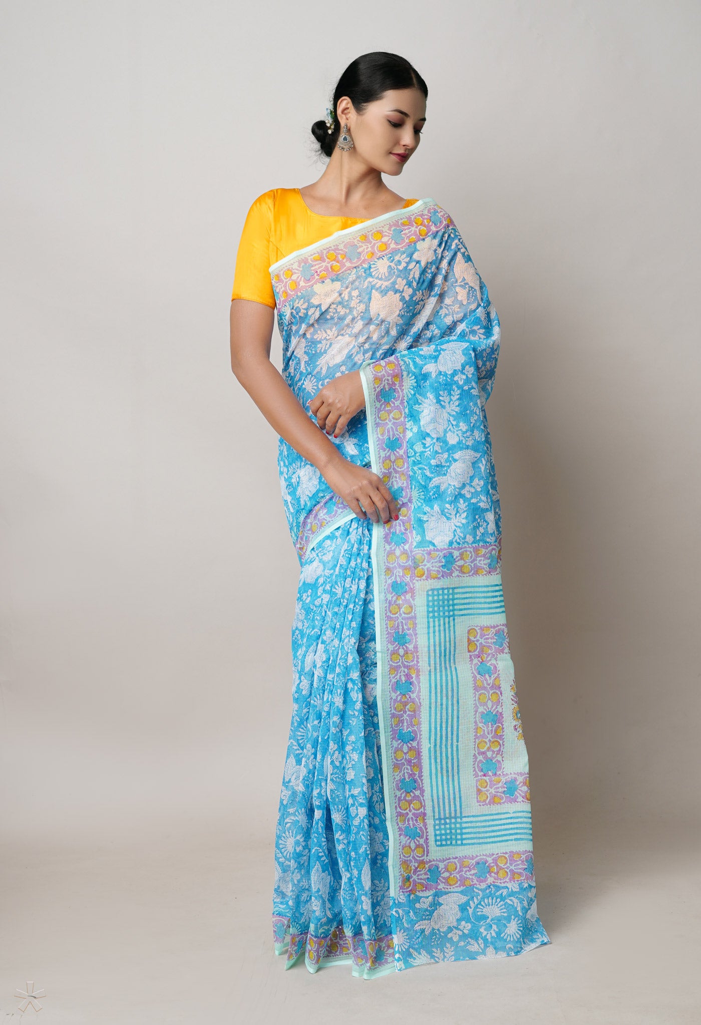 Blue Pure Block Printed Kota Cotton Saree With Block Printed Blouse Piece