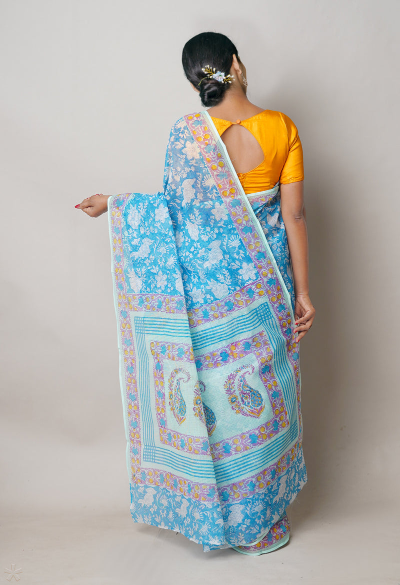 Blue Pure  Block Printed Kota Cotton Saree With Block  Printed Blouse Piece-UNM74565