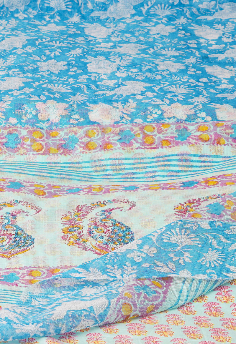 Blue Pure  Block Printed Kota Cotton Saree With Block  Printed Blouse Piece-UNM74565