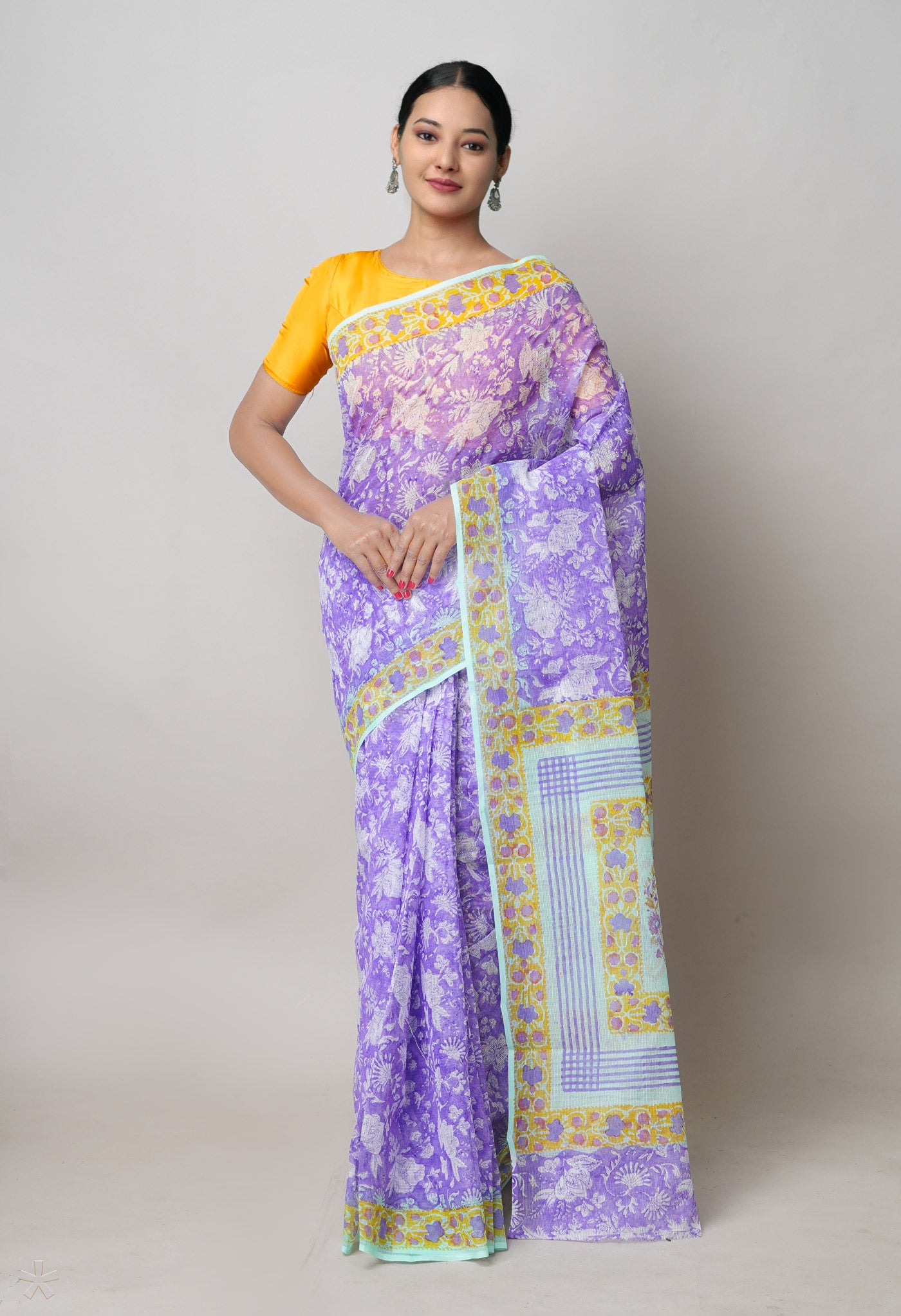 Purple Pure Kota Cotton Saree With Block Printed Blouse Piece