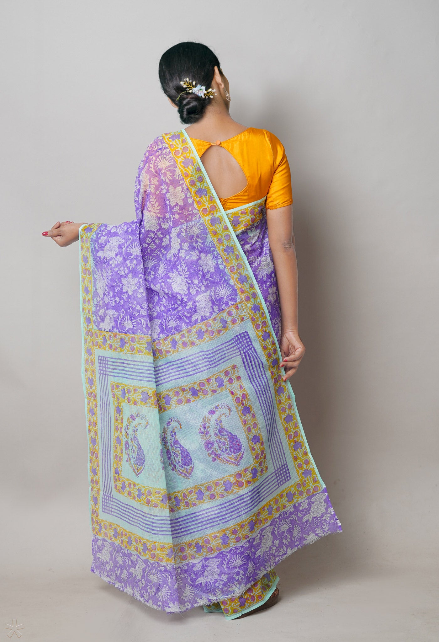 Purple Pure Kota Cotton Saree With Block Printed Blouse Piece