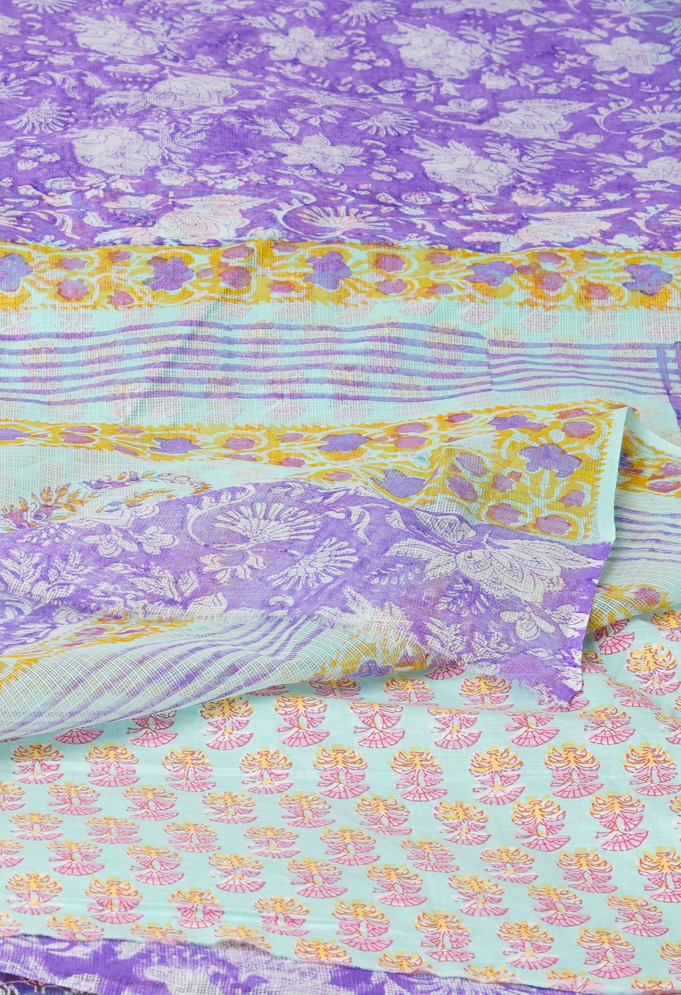 Purple Pure Kota Cotton Saree With Block Printed Blouse Piece