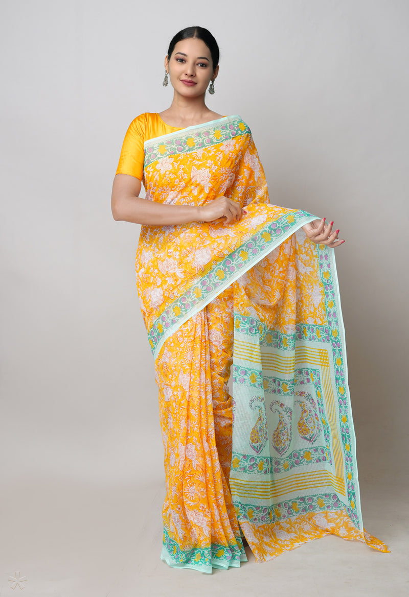 Yellow Pure  Block Printed Kota Cotton Saree With Block  Printed Blouse Piece-UNM74567