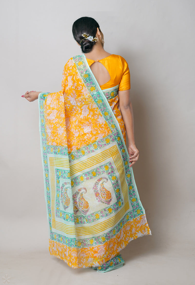 Yellow Pure  Block Printed Kota Cotton Saree With Block  Printed Blouse Piece-UNM74567