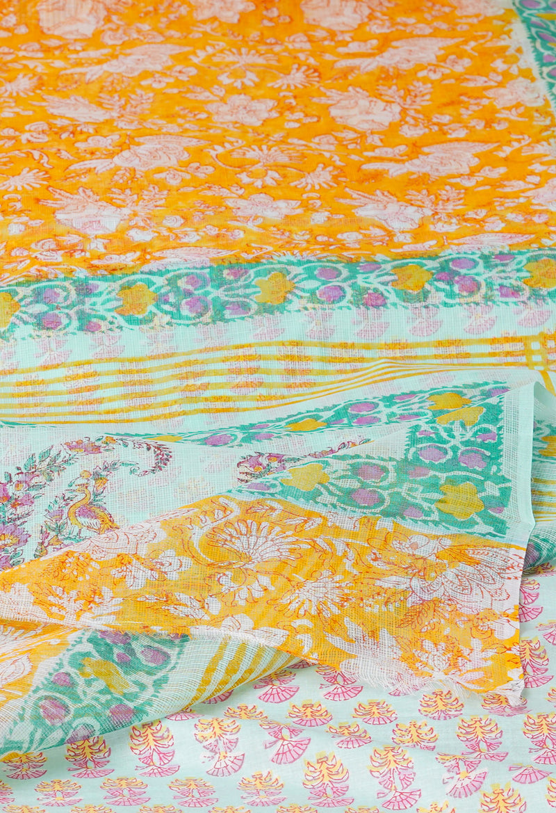 Yellow Pure  Block Printed Kota Cotton Saree With Block  Printed Blouse Piece-UNM74567