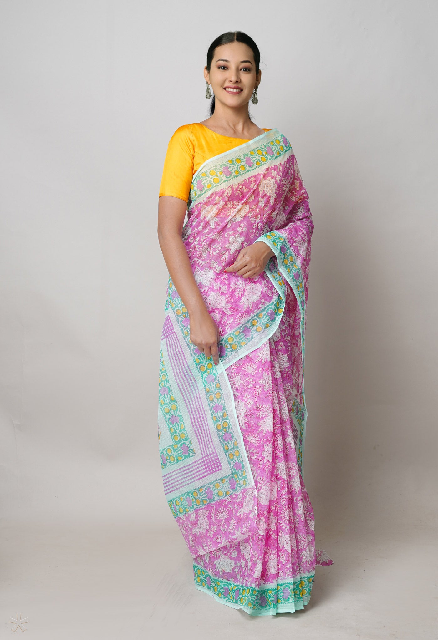 Pink Pure Block Printed Kota Cotton Saree With Block Printed Blouse Piece