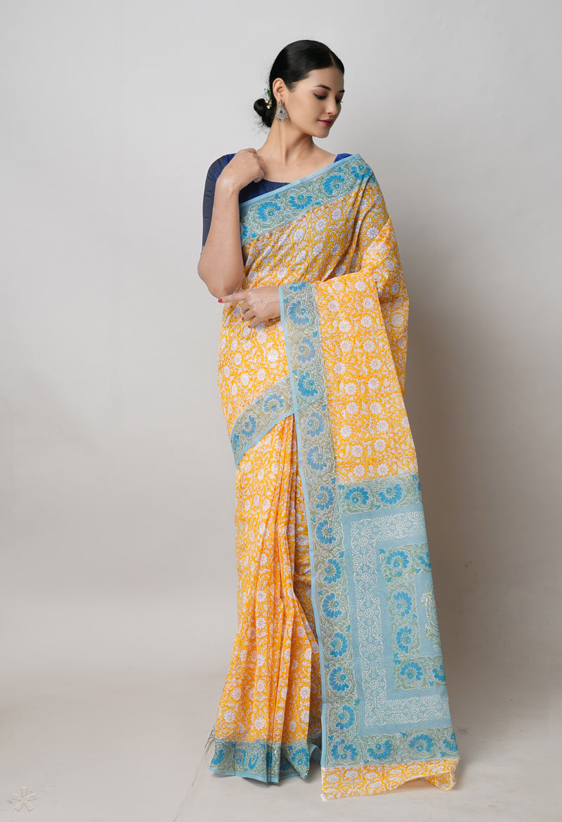 Yellow Pure  Block Printed Kota Cotton Saree With Ajrakh Printed Blouse Piece-UNM74569