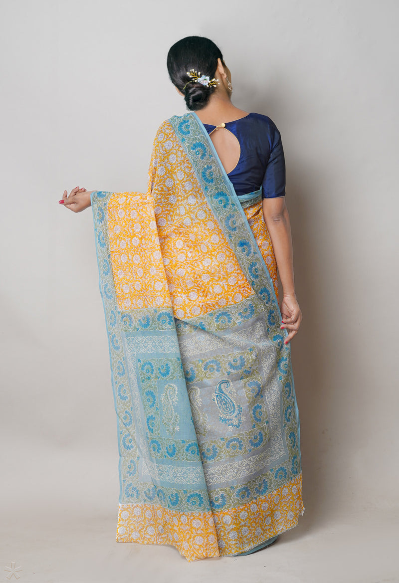 Yellow Pure  Block Printed Kota Cotton Saree With Ajrakh Printed Blouse Piece-UNM74569