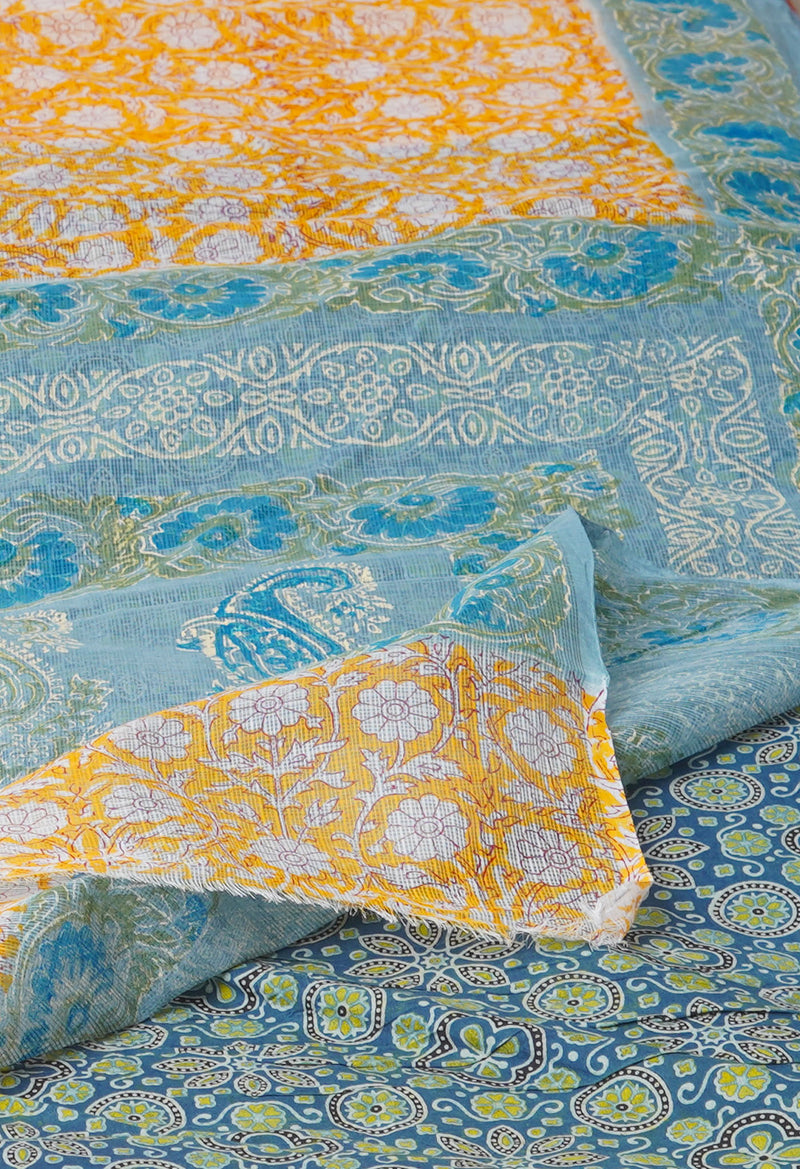 Yellow Pure  Block Printed Kota Cotton Saree With Ajrakh Printed Blouse Piece-UNM74569