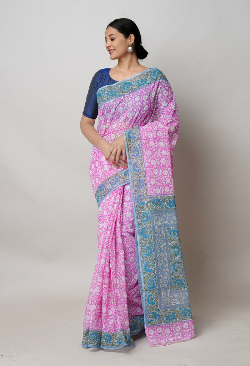 Pink Pure  Block Printed Kota Cotton Saree With Ajrakh Printed Blouse Piece-UNM74570