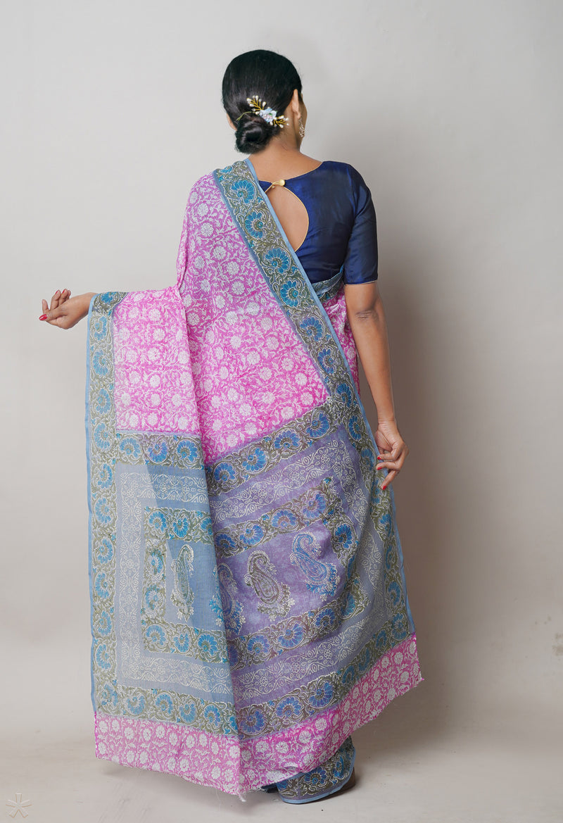 Pink Pure  Block Printed Kota Cotton Saree With Ajrakh Printed Blouse Piece-UNM74570